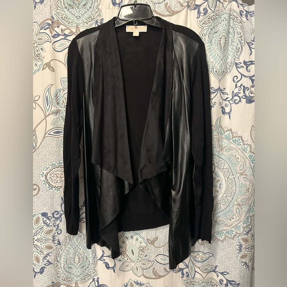 Michael by Michael Kors Black Draped Faux-Leather Panel Jacket w/ knit sleeves